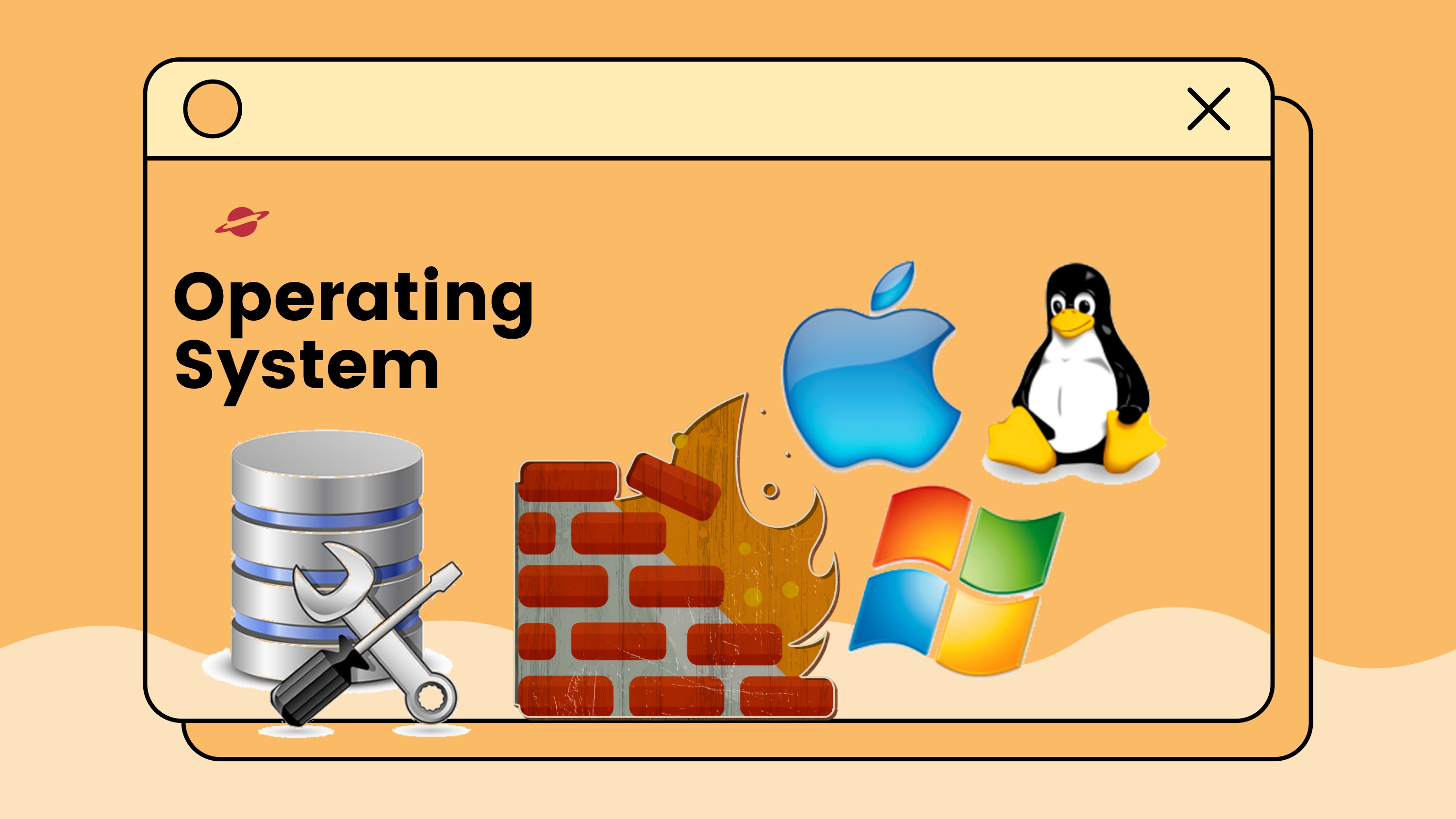 Infographic showing Windows and Linux logos side by side, with icons for file explorer, settings, and taskbar with neon cyan and green accents on a dark background